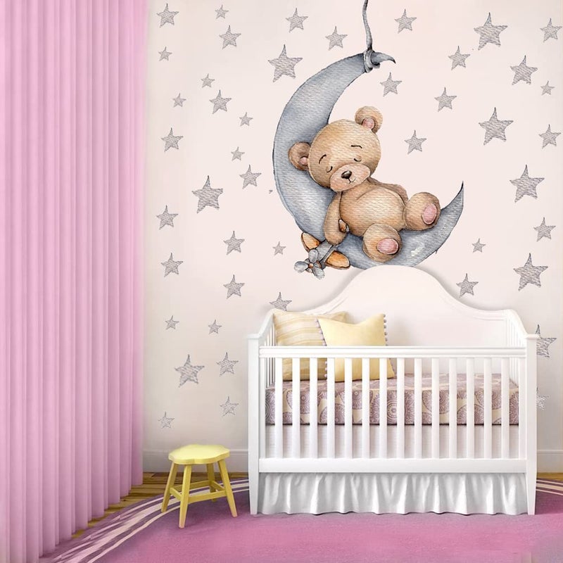 DEKOSH Teddy Bear Sleeping on The Moon Nursery Wall Decal with 90 Stars - Cute & Adorable Baby Nursery Decor - Image 2